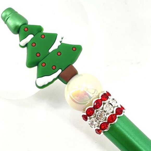 Christmas tree handmade pen NEW beads rhinestone bling red white green silver - Picture 3 of 5